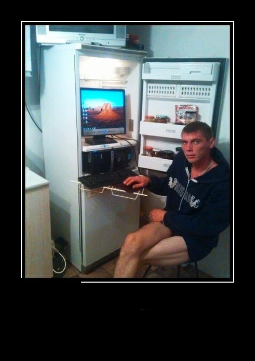 Create meme: the computer is in the refrigerator, gopnik IT specialist, gopnik behind the computer