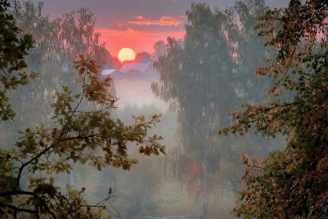 Create meme: landscape , painting fog over the river, At dawn