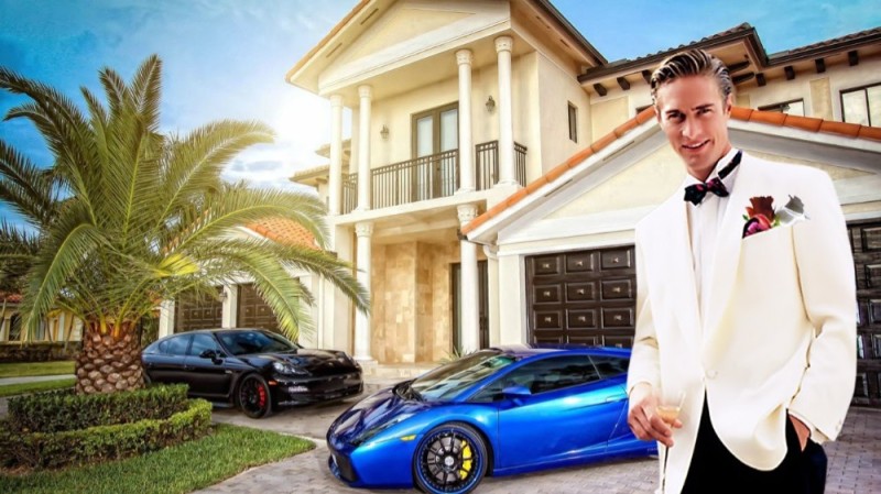 Создать мем: богатый человек, красивый дом с машиной, богатый дом и машина
