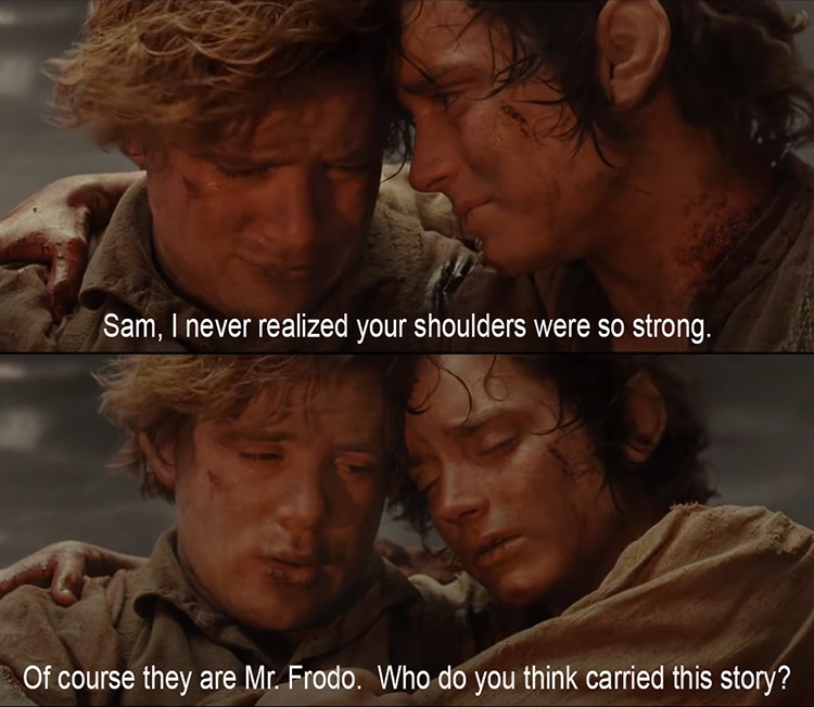 Create meme "Sam carries Frodo, the Lord of the rings Frodo and Sam