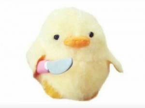 Create meme: Soft toy, stuffed duck with a knife, chicken with a knife