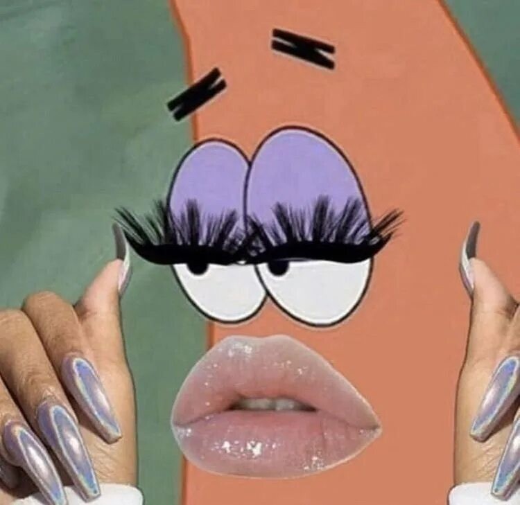 Create meme: Patrick with lips and nails, A smiley face meme with nails and eyelashes, nails meme