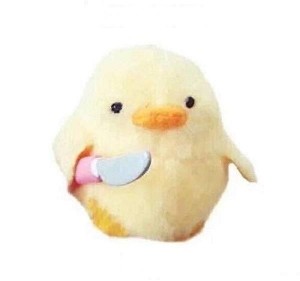 Create meme: toy, chicken with a knife meme, stuffed duck with a knife