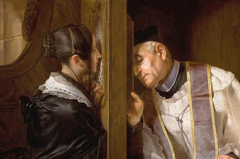 Create meme: confession in the Catholic Church, repentance confession Catholics, Giuseppe Molteni painting Confession