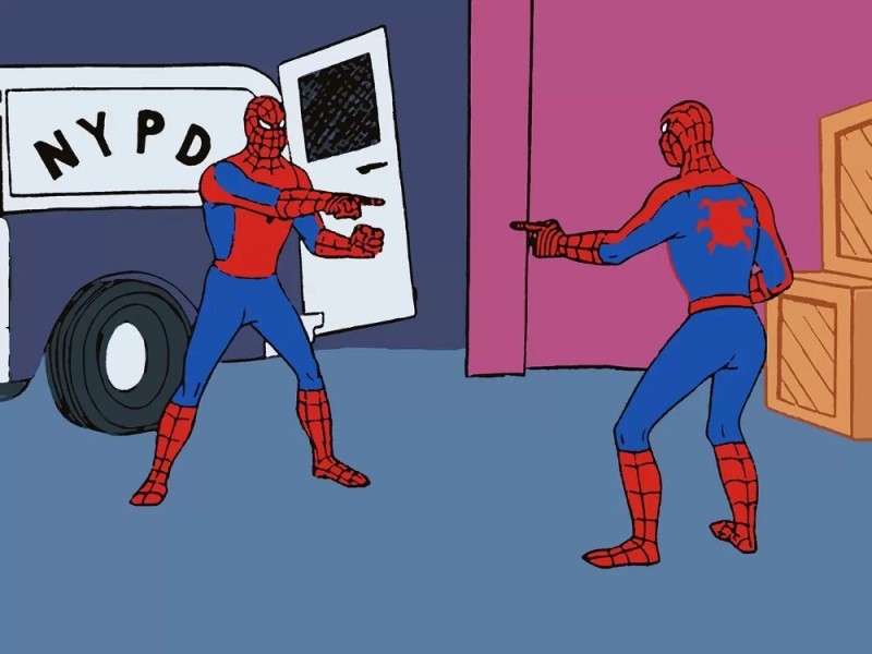 Create meme: spider-men point at each other, 2 spider-man meme, A meme with spider-men pointing at each other