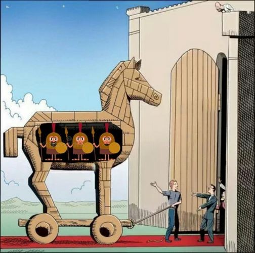 Create meme: a Trojan horse meme, drawing of the Trojan horse, Trojan horse myth