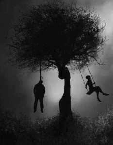 Create meme: dark quotes, conceptual photography, the silhouette of the hanged three