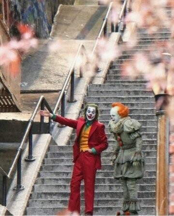 Create meme: the Joker on the stairs meme, Joker and Pennywise on the stairs, Joker Joaquin Phoenix on the stairs