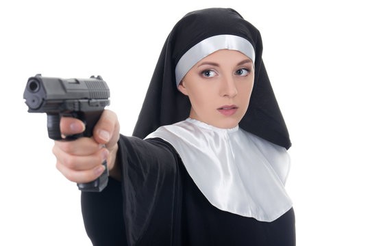 Create meme: nuns with a hair dryer, a nun with a gun, nun 