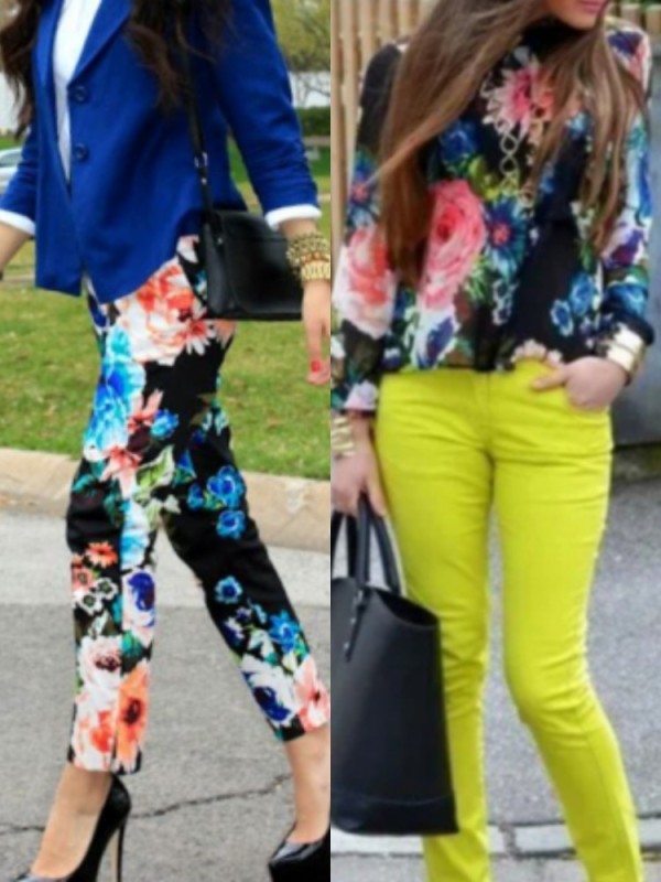 Create meme: colored pants, bright trousers for women, trousers with floral print