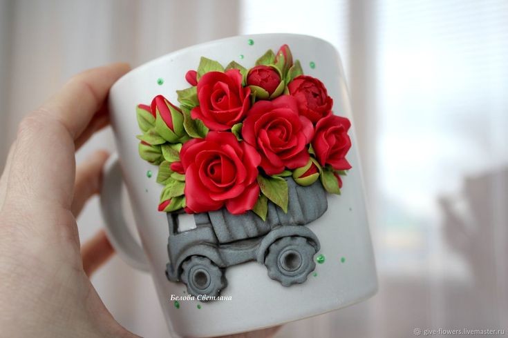 Create meme: mugs with roses made of polymer clay, mugs with roses, cups decorated with polymer clay