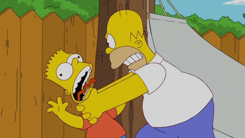 Create meme: The Simpsons Homer and Bart, the simpsons Homer strangling Bart, Homer strangles Bart