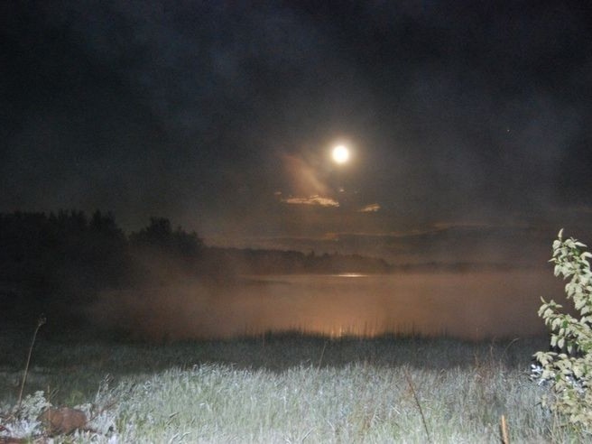 Create meme: night lake, moonlit night in the village, the fog at night