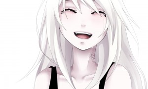 Создать мем: грустная улыбка аниме, белые волосы аниме, рисунок