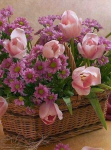 Create meme: basket with flowers, delicate bouquet, flowers in the basket