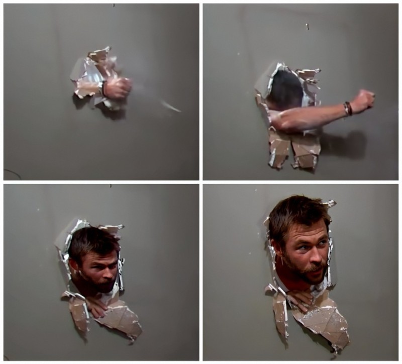 Create meme: Chris Hemsworth breaks down the wall meme, Chris Hemsworth meme, Thor breaks through the wall meme pattern