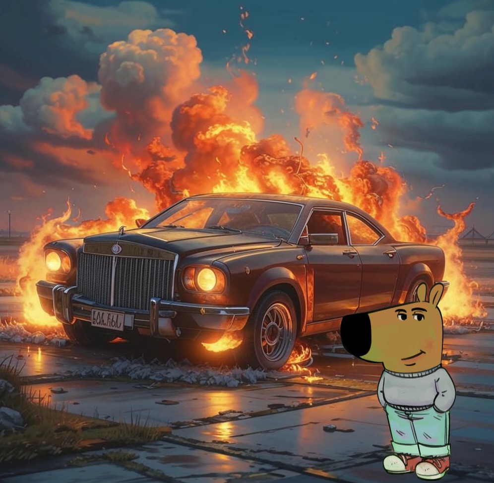 Create meme: car, burning car, burnt-out car