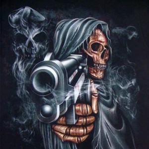 Create meme: Chicano, skeleton with a gun