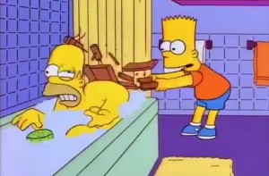 Create meme: Bart hits Homer with a chair, Bart hits Homer with a chair meme, Bart Homer chair meme
