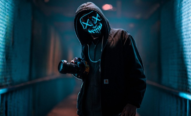 Create meme: the man in the mask and hood, neon mask art, mask hood