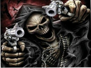 Создать мем: крутой скелет с пистолетом, череп с оружием, скелет с оружием