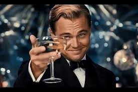 Create meme: the great Gatsby Leonardo DiCaprio with a glass of, Leonardo DiCaprio raises a glass, Leonardo DiCaprio meme with a glass of