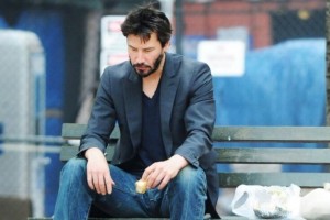 Create meme: actor Keanu Reeves, Keanu Reeves on a bench, sad Keanu