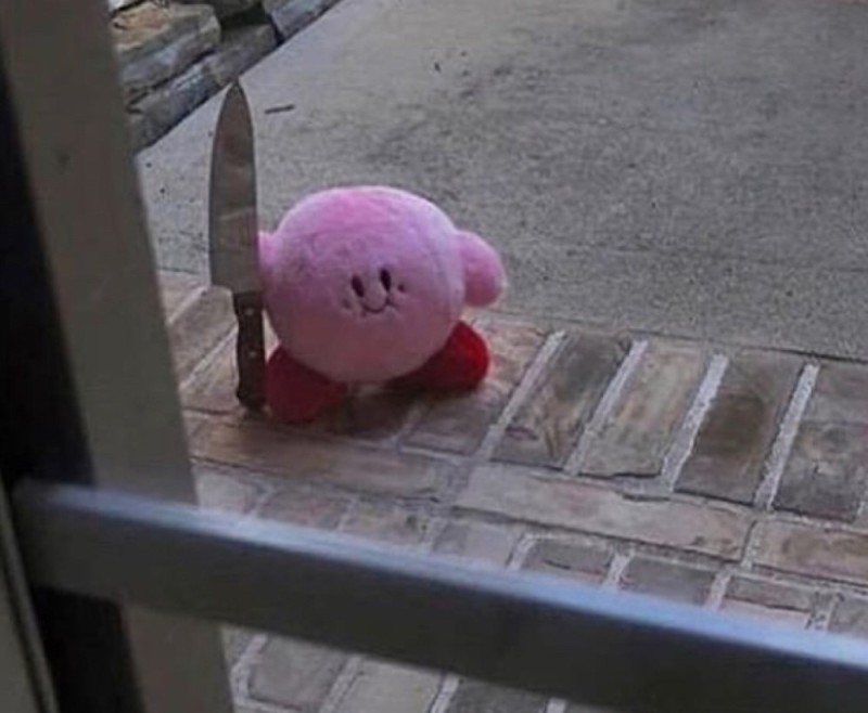 Create meme: pink toy with a knife, pink toy with a knife, Kirby with a knife