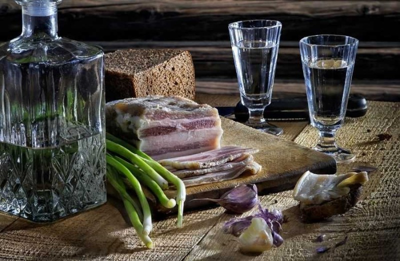 Create meme: vodka bacon, snack for moonshine, still life with vodka and bacon