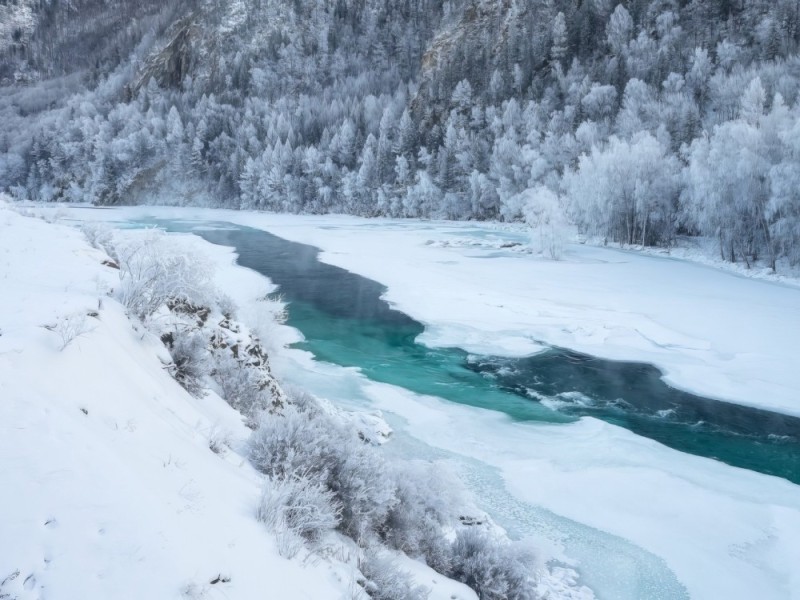 Create meme: Katun river Gorny Altai in winter, winter river, What is the mountain Altai winter