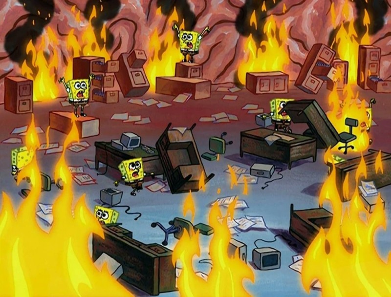 Create meme: spongebob in a burning office, spongebob fire, spongebob chaos in the head