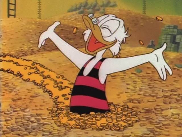 Create meme: Scrooge McDuck in gold, Scrooge McDuck swims in gold, McDuck is awash in gold