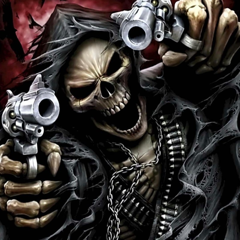 Create meme: skull with guns, a skeleton with a revolver, cool skeleton