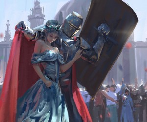 Создать мем: рыцарь прикрывает принцессу щитом, by wlop рыцарь, wlop ghostblade рыцарь