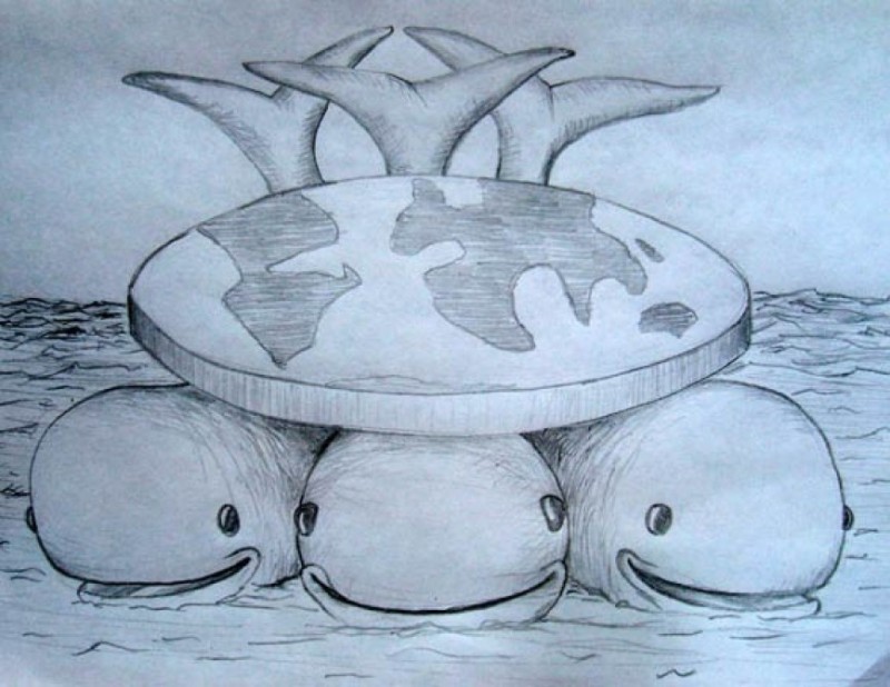 Create meme: land on three whales, three whales pencil drawing, three whales