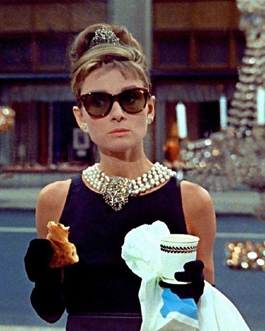 Create meme: Breakfast at Tiffany Audrey Hepburn's, Breakfast at Tiffany's (1961), Holly Golightly breakfast at Tiffany's