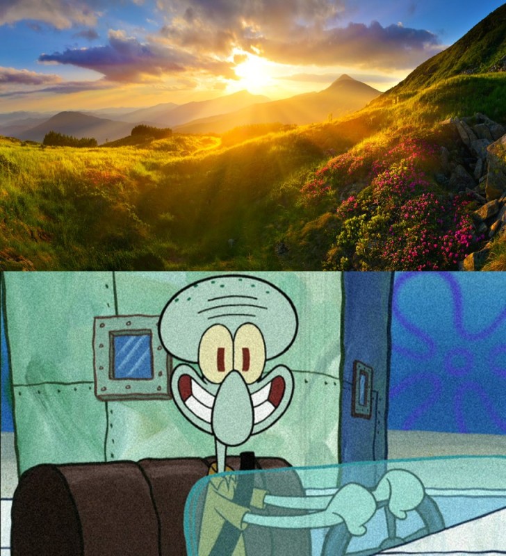 Создать мем: сквидвард губка боб, сквидвард и сэнди, пейзаж с солнцем