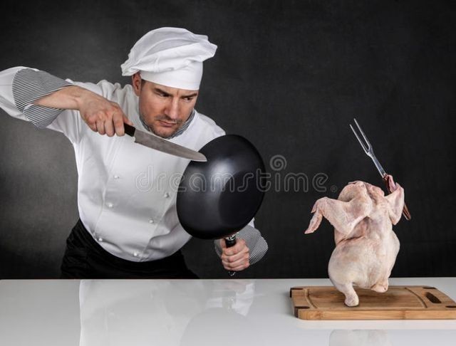 Create meme: cook , chef, The cook is holding a chicken