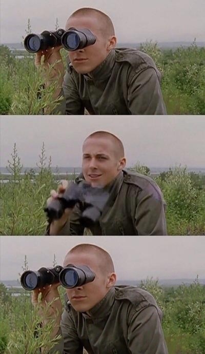 Create meme: Ryan Gosling is an abomination, people, What an abomination a meme with binoculars