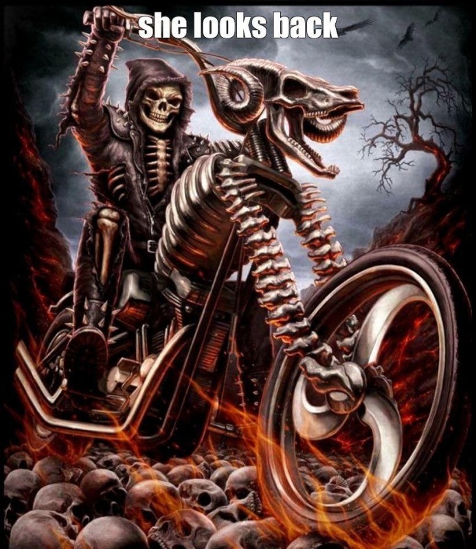 Создать мем: скелет байкер, арт призрачный гонщик, скелет на мотоцикле