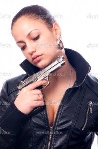 Создать мем: young woman, black leather, gun