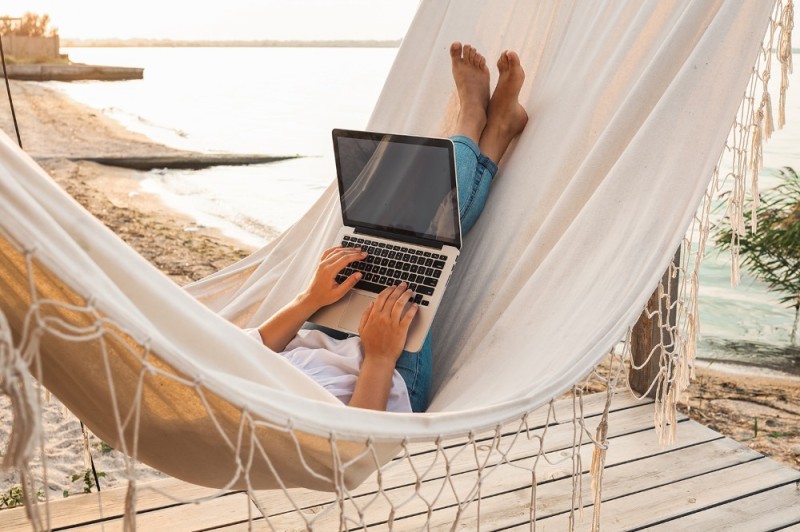 Create meme: hammock, a woman in a hammock with a laptop, places to relax