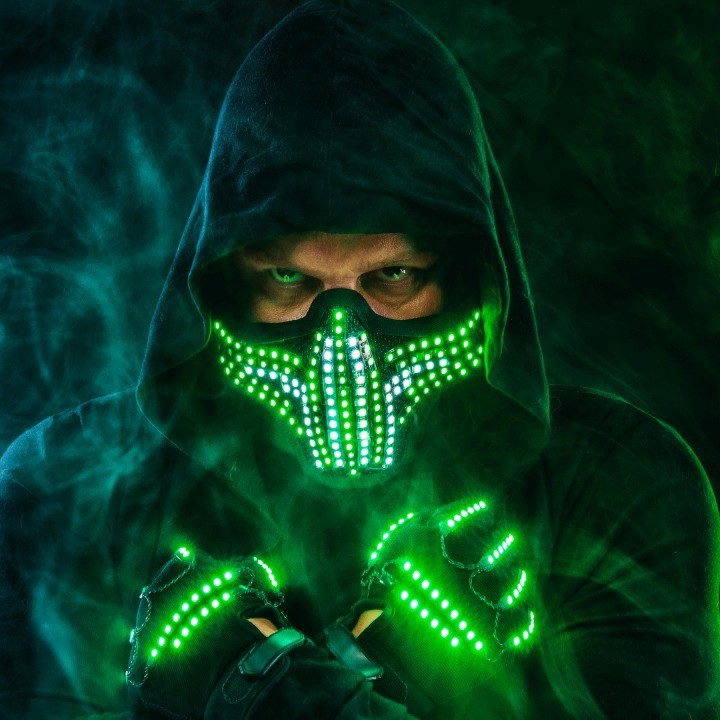 Create meme: neon mask, The man in the neon hooded mask, neon mask of anonymus