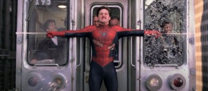 Create meme: spider-man stops the train, Tobey Maguire spider-man train, spider-man