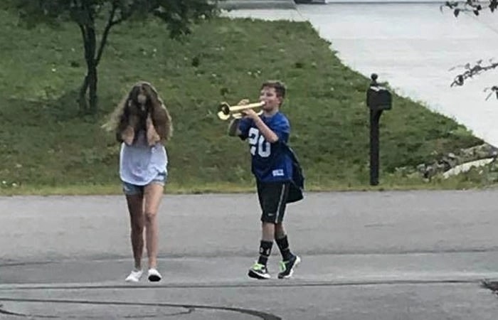 Create meme: trumpet boy, meme boy pursues girl tube, meme a guy with a pipe and a girl