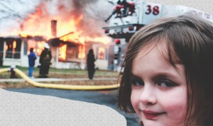 Create meme: meme girl and the burning house, the girl on the background of a burning house meme, girl smiling on the background of a burning house