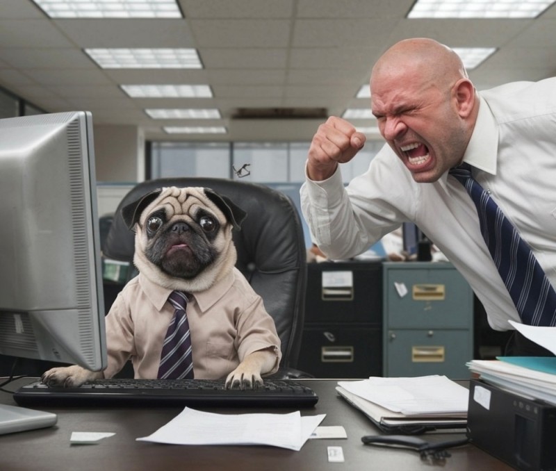 Create meme: pug , the dog at the computer, The pug boss