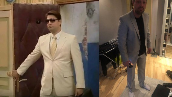 Create meme: Gena Bukin in a white suit and glasses, the guy in the suit, Gena Bukin in a suit