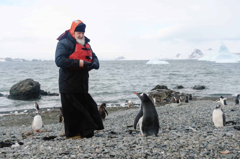 Create meme: Patriarch Kirill in Antarctica with penguins, Cyril and penguins in Antarctica, Patriarch Kirill in Antarctica