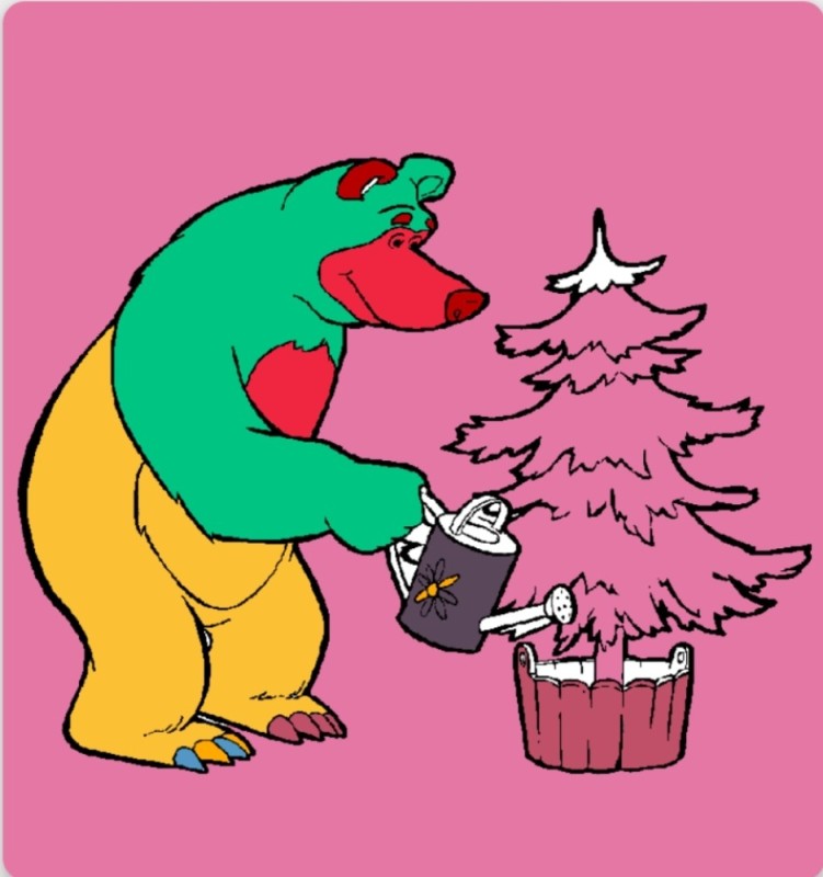 Create meme "bear watering the Christmas tree, coloring book bear with